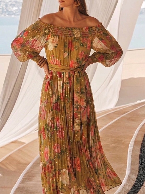 Rococo Sand Gold Colorful Off-The-Shoulder Midi/Maxi Dress | Event Best Dressed